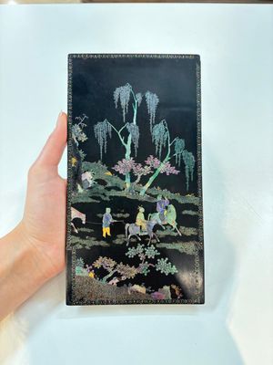 A pair of Chinese laque burgauté plaques with figures in landscapes and poems, Qing — photo 1