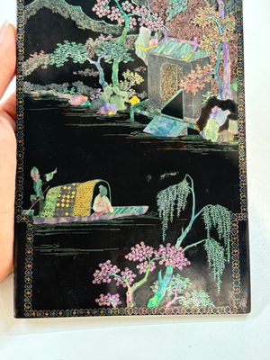A pair of Chinese laque burgauté plaques with figures in landscapes and poems, Qing — photo 11