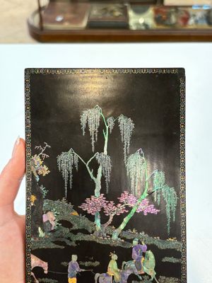 A pair of Chinese laque burgauté plaques with figures in landscapes and poems, Qing — photo 2