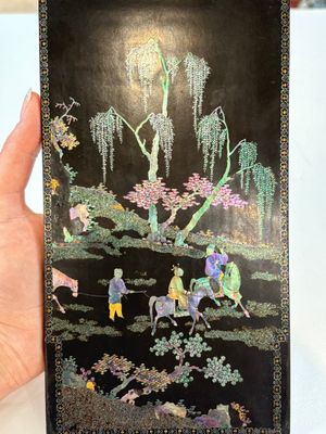 A pair of Chinese laque burgauté plaques with figures in landscapes and poems, Qing — photo 3