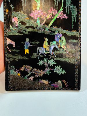 A pair of Chinese laque burgauté plaques with figures in landscapes and poems, Qing — photo 4