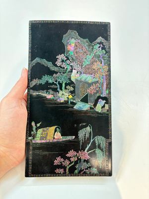 A pair of Chinese laque burgauté plaques with figures in landscapes and poems, Qing — photo 9