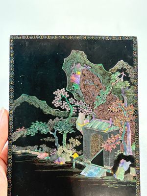 A pair of Chinese laque burgauté plaques with figures in landscapes and poems, Qing — photo 10