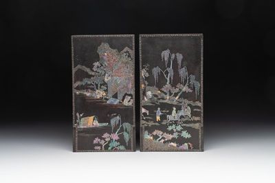 A pair of Chinese laque burgauté plaques with figures in landscapes and poems, Qing