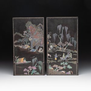 A pair of Chinese laque burgauté plaques with figures in landscapes and poems, Qing — photo 1