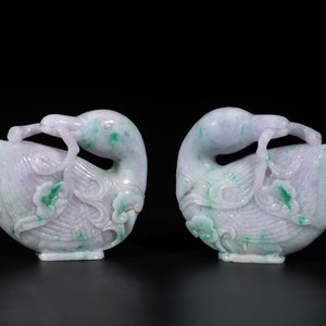 A pair of Chinese lavender- and apple-green jadeite mandarin ducks, Qing — photo 1