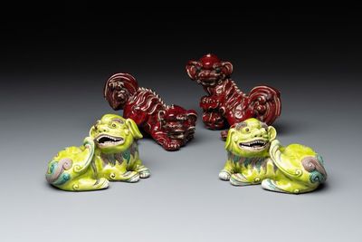 A pair of Chinese lime-green-glazed Buddhist lions and a pair of flambé-glazed Shiwan Buddhist lions, 19/20th C.