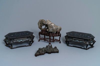 A pair of Chinese mother-of-pearl and lacquer stands and two scholar rocks, 19/20th C.