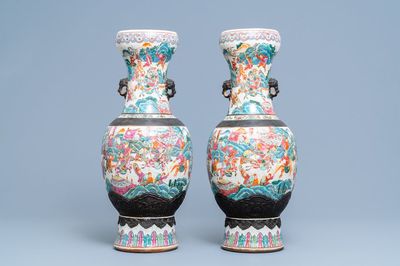 A pair of Chinese Nanking famille rose crackle-glazed 'warrior' vases, 19th C.