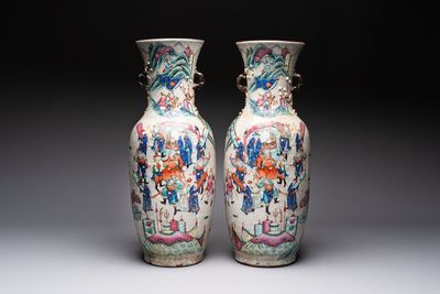 A pair of Chinese Nanking famille rose vases with narrative design, Chenghua mark, 19th C.