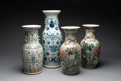 A pair of Chinese Nanking famille verte crackle-glazed vases, a famille rose vase and a blue and white celadon-ground vase, Chenghua mark, 19th C.