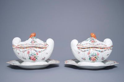 A pair of Chinese neoclassical famille rose tureens on stands, Qianlong