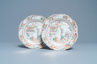 A pair of Chinese octagonal famille rose 'Mandarin acrobat' plates; Qianlong