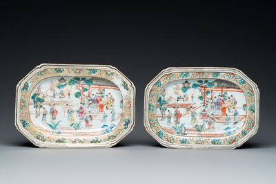 A pair of Chinese octagonal famille rose 'mandarin subject' dishes, Qianlong