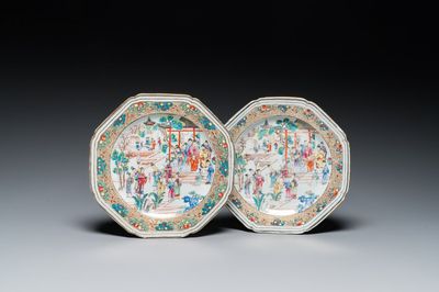 A pair of Chinese octagonal famille rose 'mandarin subject' plates, Qianlong
