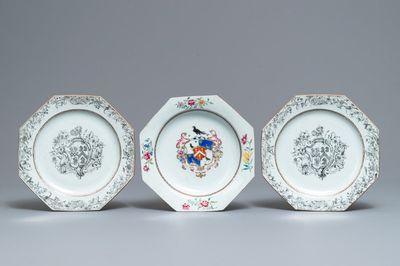A pair of Chinese octagonal grisaille Birckbeck armorial plates and a famille rose 'Laroche' plate, Qianlong
