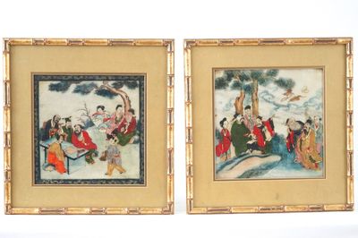 A pair of Chinese paintings in faux-bamboo frames, 19th C.