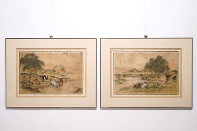 A pair of Chinese paintings on silk depicting "The eight horses of Mu Wang", 19/20th C.