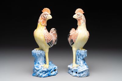 * A pair of Chinese polychrome-glazed models of roosters, 18/19th C.