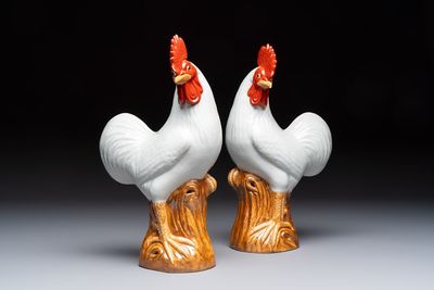 A pair of Chinese polychrome-glazed roosters, 20th C.