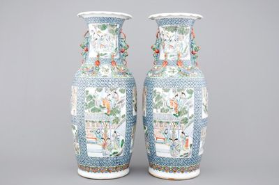 A pair of Chinese porcelain Canton famille verte vases, 19th C.