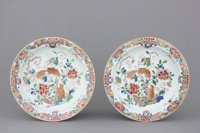 A pair of Chinese porcelain famille rose squirrel dishes, 18th C.