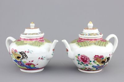 A pair of Chinese porcelain famille rose teapots with cockerels, Yongzheng, 1722-1735
