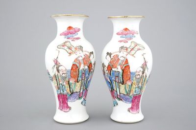 A pair of Chinese porcelain famille rose vases with imperial portraits, 19th C