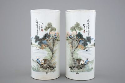 A pair of Chinese porcelain landscape hat stands, 19/20th C.