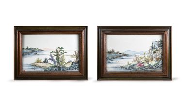 A pair of Chinese porcelain plaques with fine landscape painting, 19th C.