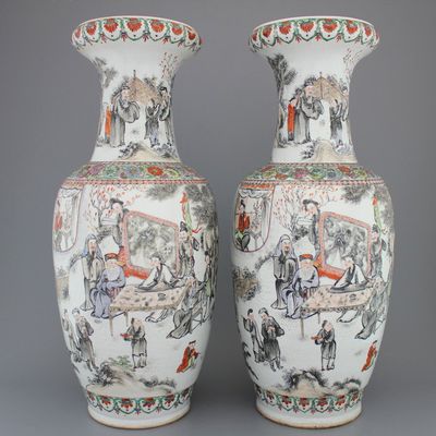 A pair of Chinese porelain famille rose vases with scholars, 19th C.