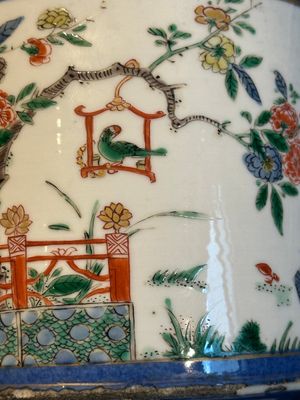A pair of Chinese powder blue-ground famille verte vessels with a bird in a garden, Kangxi — photo 12