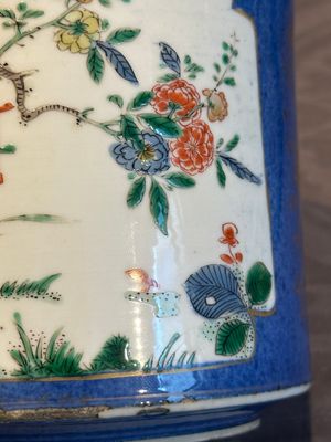 A pair of Chinese powder blue-ground famille verte vessels with a bird in a garden, Kangxi — photo 13