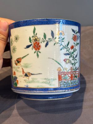 A pair of Chinese powder blue-ground famille verte vessels with a bird in a garden, Kangxi — photo 19