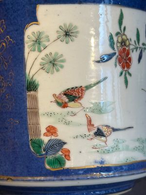 A pair of Chinese powder blue-ground famille verte vessels with a bird in a garden, Kangxi — photo 20