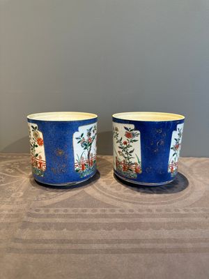 A pair of Chinese powder blue-ground famille verte vessels with a bird in a garden, Kangxi — photo 2