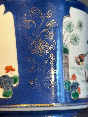 A pair of Chinese powder blue-ground famille verte vessels with a bird in a garden, Kangxi — photo 21
