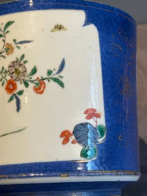 A pair of Chinese powder blue-ground famille verte vessels with a bird in a garden, Kangxi — photo 22