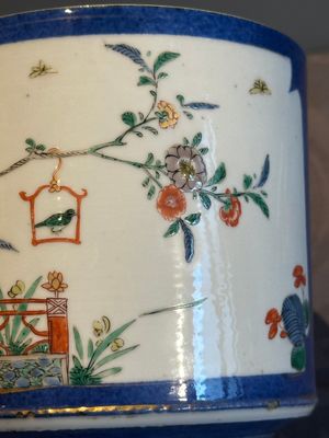 A pair of Chinese powder blue-ground famille verte vessels with a bird in a garden, Kangxi — photo 23