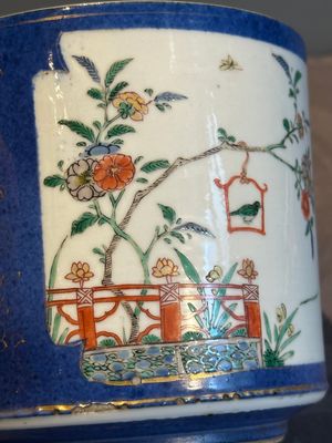 A pair of Chinese powder blue-ground famille verte vessels with a bird in a garden, Kangxi — photo 24