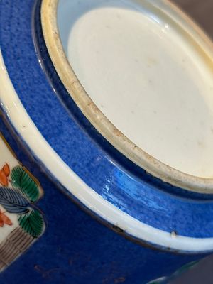 A pair of Chinese powder blue-ground famille verte vessels with a bird in a garden, Kangxi — photo 29