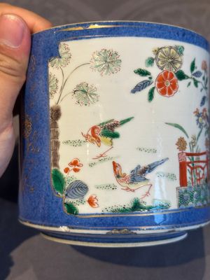 A pair of Chinese powder blue-ground famille verte vessels with a bird in a garden, Kangxi — photo 6
