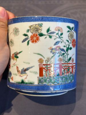 A pair of Chinese powder blue-ground famille verte vessels with a bird in a garden, Kangxi — photo 7