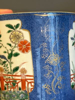 A pair of Chinese powder blue-ground famille verte vessels with a bird in a garden, Kangxi — photo 9