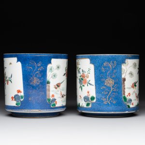 A pair of Chinese powder blue-ground famille verte vessels with a bird in a garden, Kangxi — photo 2