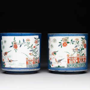 A pair of Chinese powder blue-ground famille verte vessels with a bird in a garden, Kangxi — photo 3