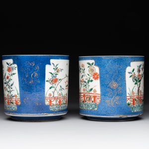 A pair of Chinese powder blue-ground famille verte vessels with a bird in a garden, Kangxi — photo 4