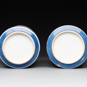 A pair of Chinese powder blue-ground famille verte vessels with a bird in a garden, Kangxi — photo 6