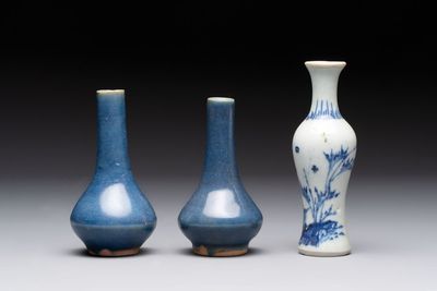 A pair of Chinese powder-blue vases and a blue and white 'Hatcher Cargo' vase, Transitional period