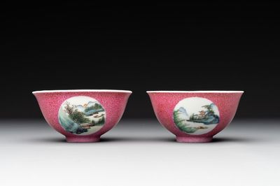 A pair of Chinese puce-sgraffito-ground 'landscape' bowls, Qianlong mark, Republic